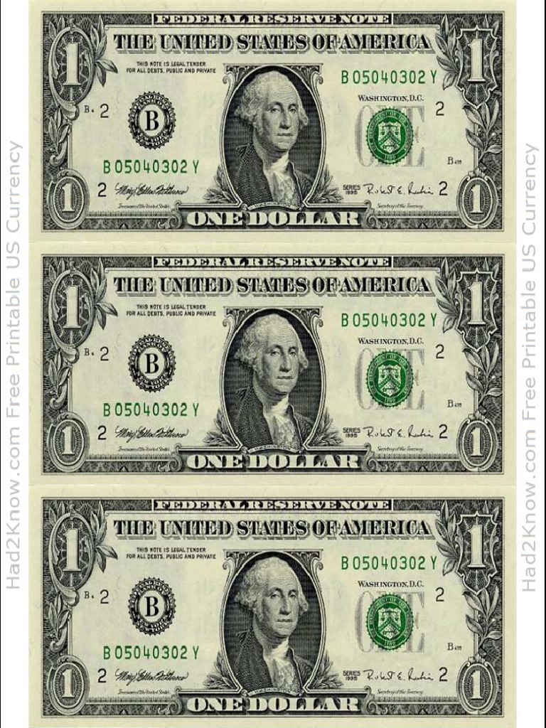 Main One Dollar Bill Template Front PDF
