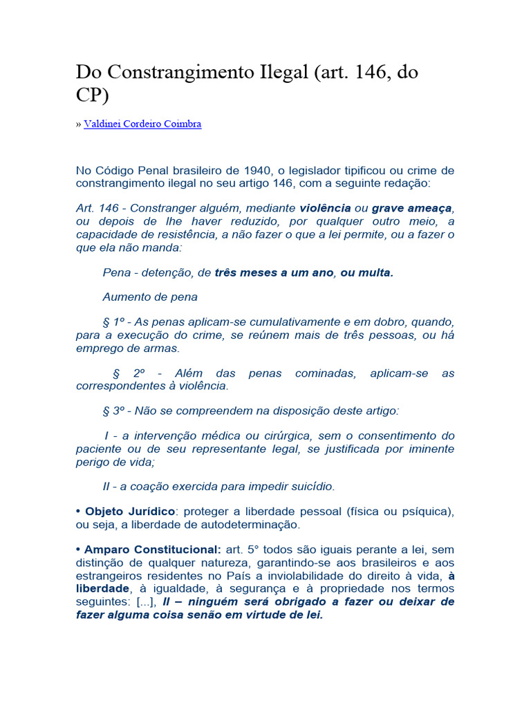 Constrangimento Ilegal no Código Penal | PDF | Crimes | Crime e Violência