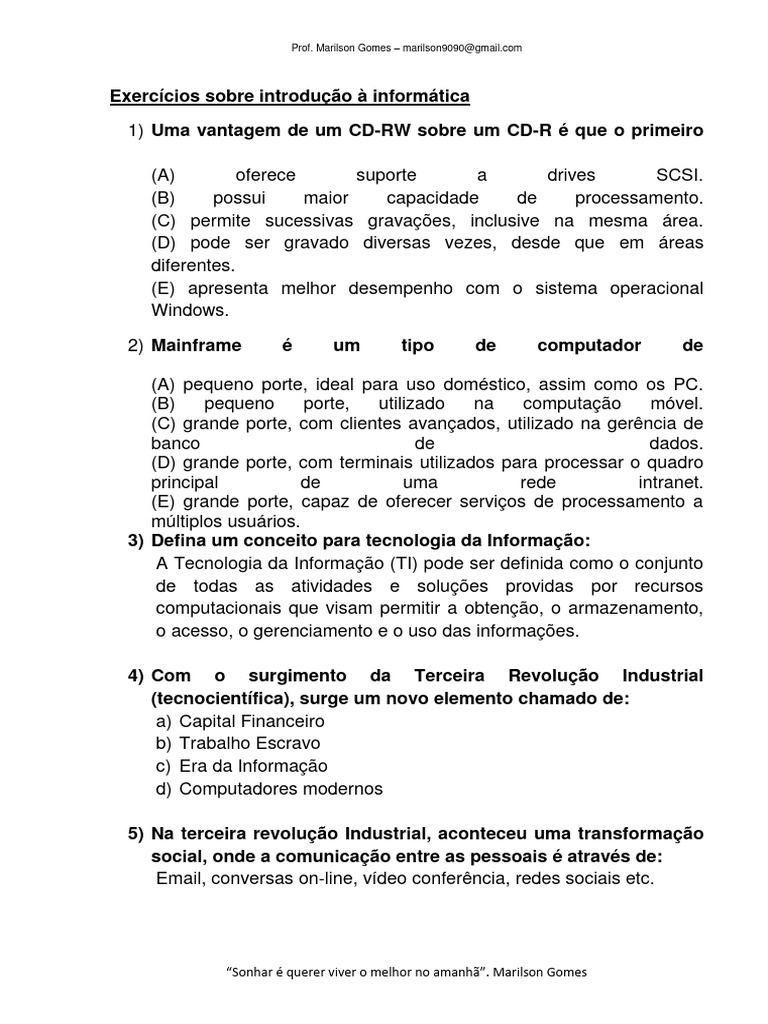Exercícios de Introdução à Informática | PDF | PCs (computadores ...