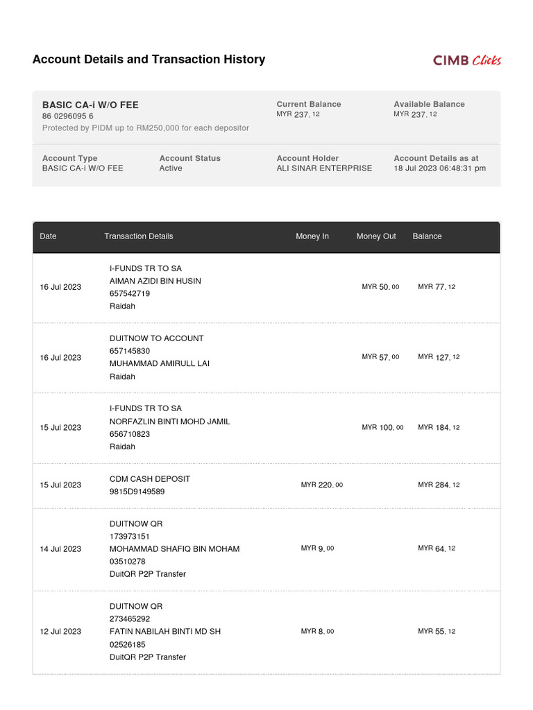 CIMB Transaction History Overview | PDF | Debit Card | Payments