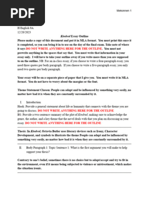 Mekonnen of Kindred Essay Outline de Rubertis Fall 2023(2)