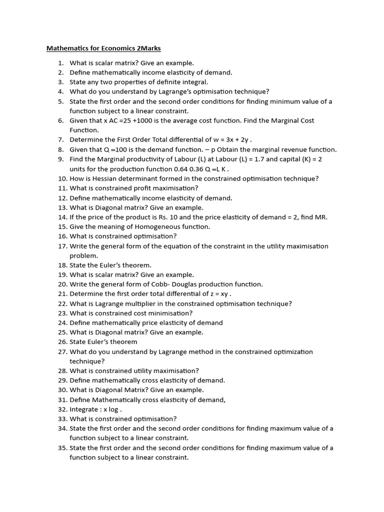Mathematics For Economics 2marks Pdf Mathematical Optimization