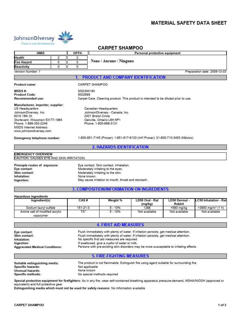 MSDS Carpet Shampoo PDF Personal Protective Equipment Firefighting