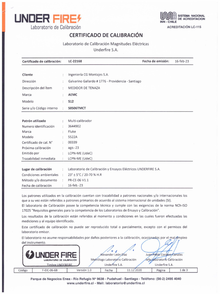 Certificado Calibracion AEMC 512 LC-22168 | PDF