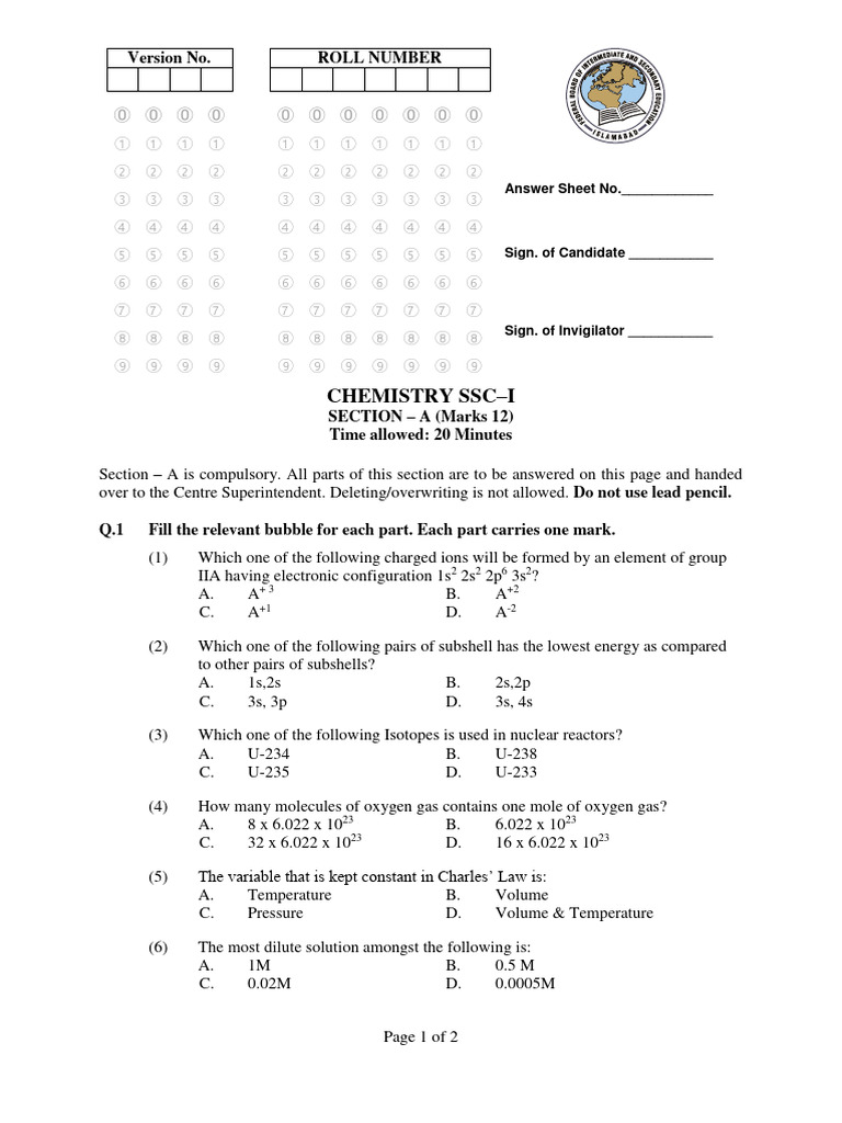 Final chemistry ssc i 2023 pdf