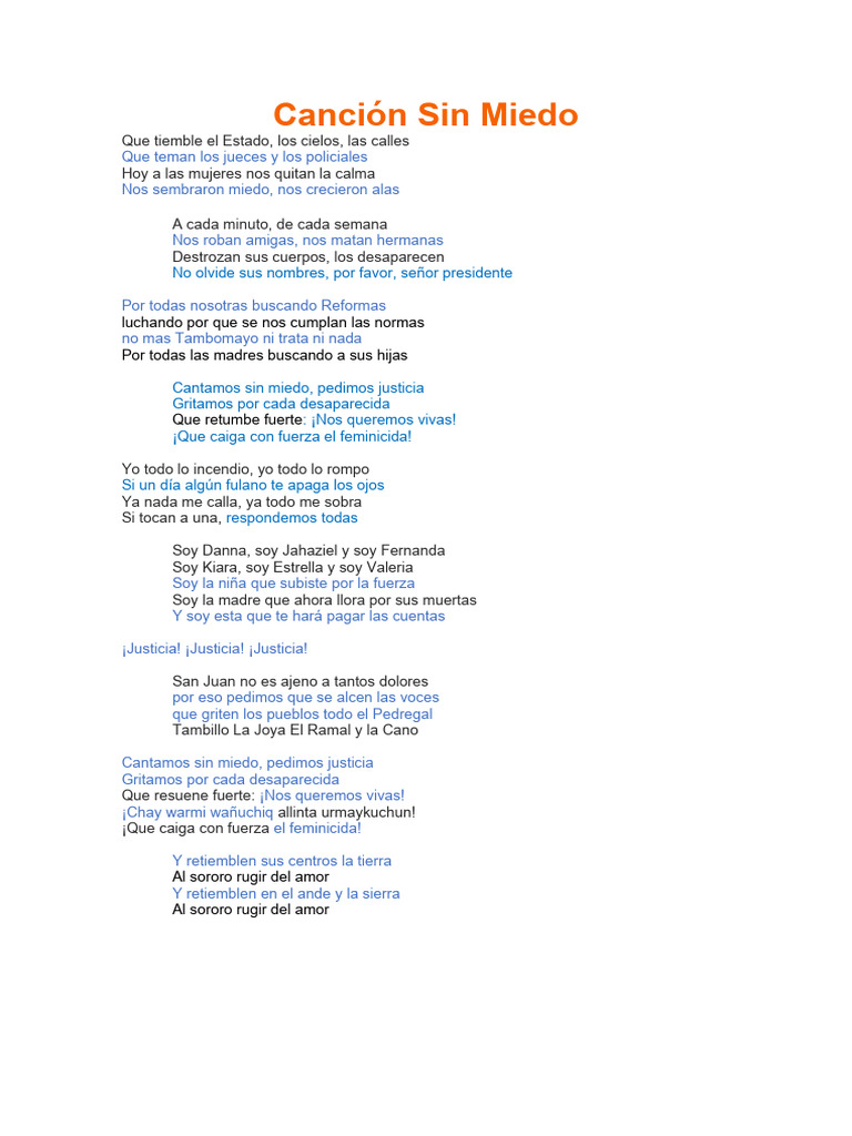 canción de miedo 1 2 3 4 letra