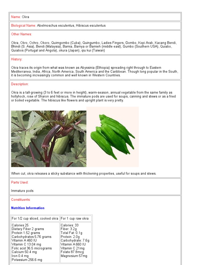 Okra Medicinal Values PDF Dietary Fiber Diet & Nutrition