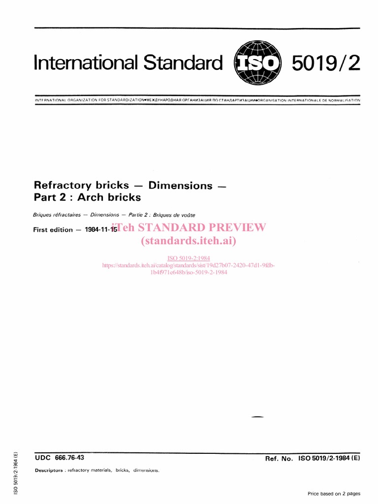 ISO 5019-2: Refractory Arch Brick Sizes | PDF | Technology & Engineering