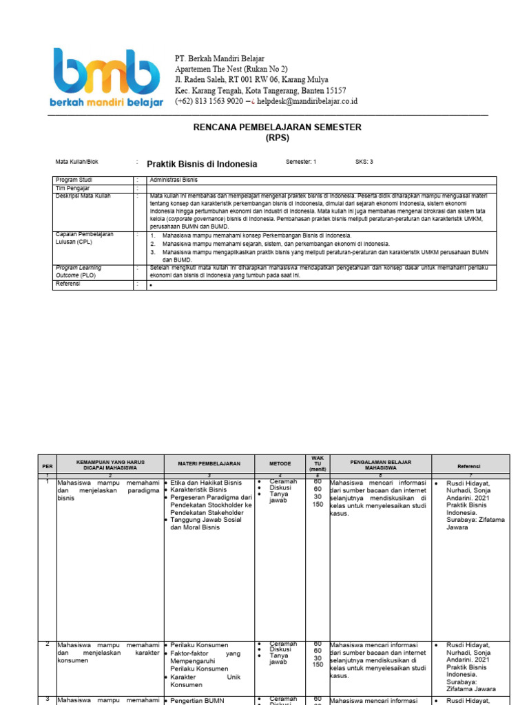 Praktik Bisnis Indonesia: RPS Semester 1 | PDF | Bisnis | Pengembangan Diri