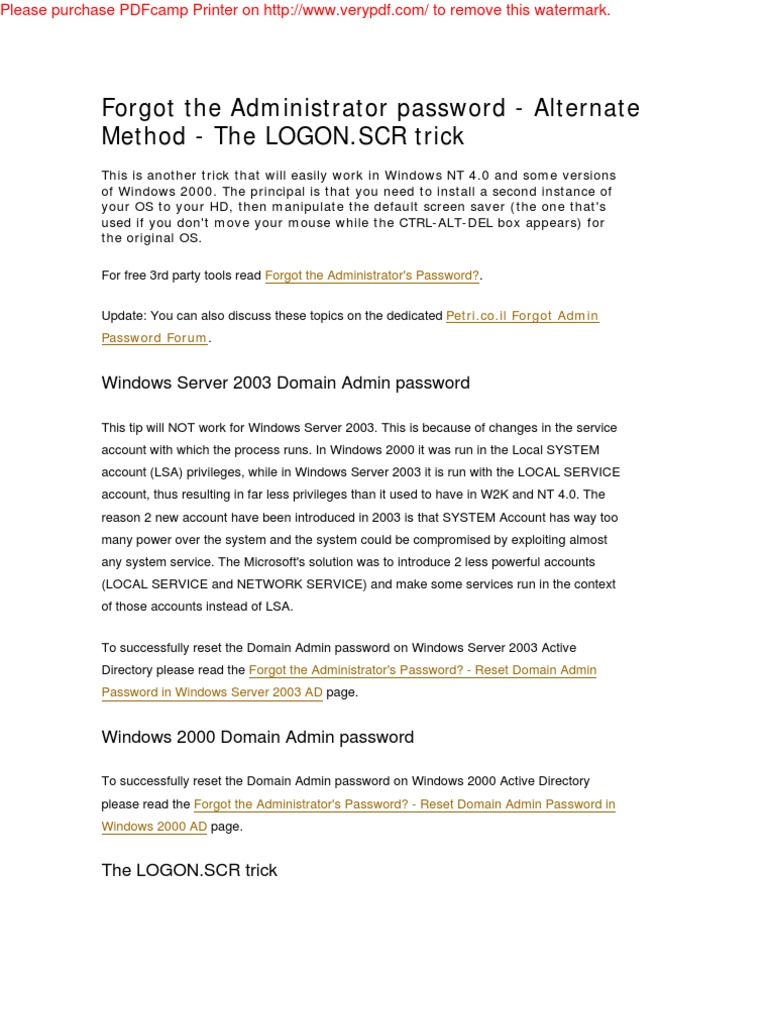 Resetting Windows 2000 Admin Password | PDF | Windows 2000 | Command ...