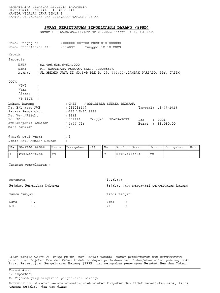 Surat Persetujuan Pengeluaran Barang | PDF
