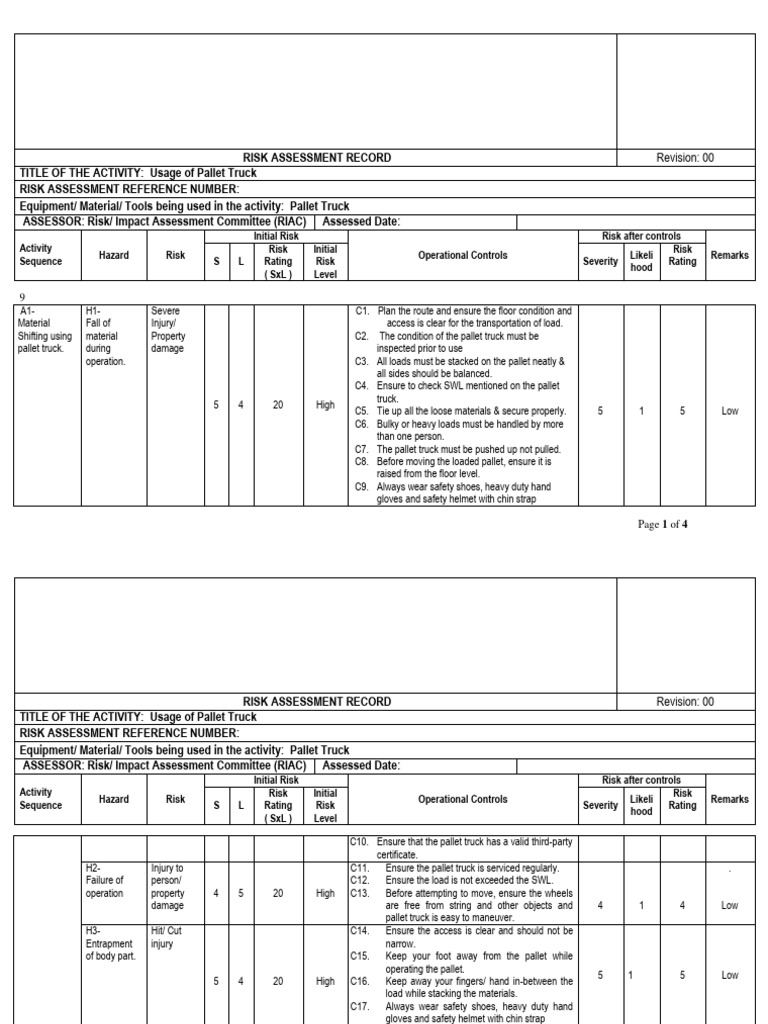 Pallet Truck Risk Assessment Guide | PDF | Risk | Pallet