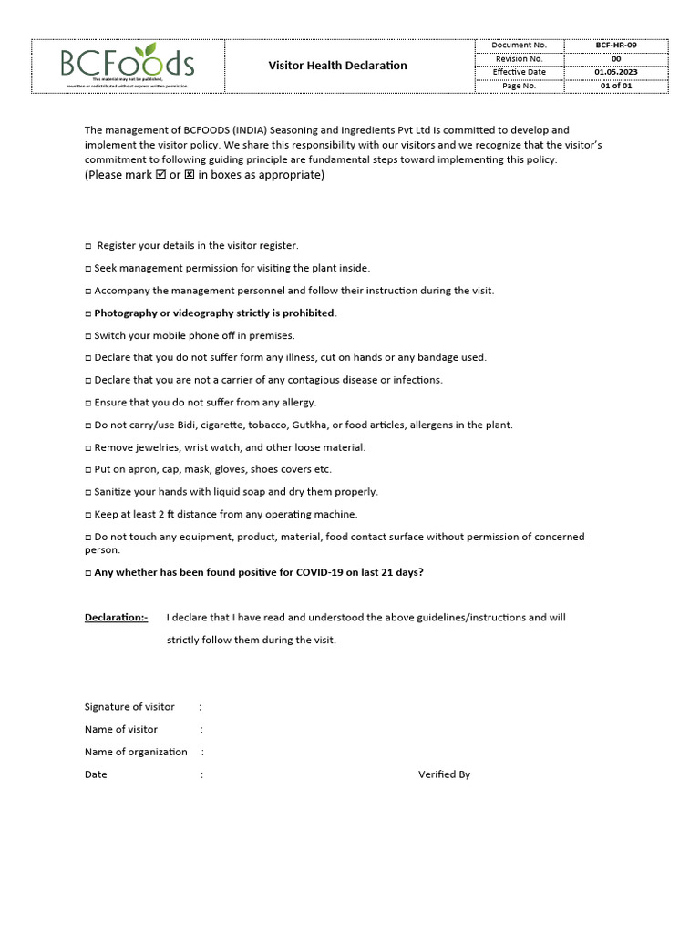 Visitor Health Declaration Guidelines | PDF | Medicine | Public Health