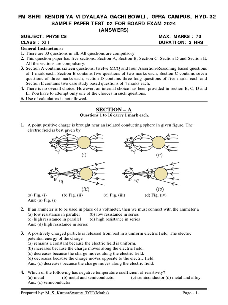 Physics Class Xii Sample Paper Test 02 For Board Exam 2024 Answers 1 ...