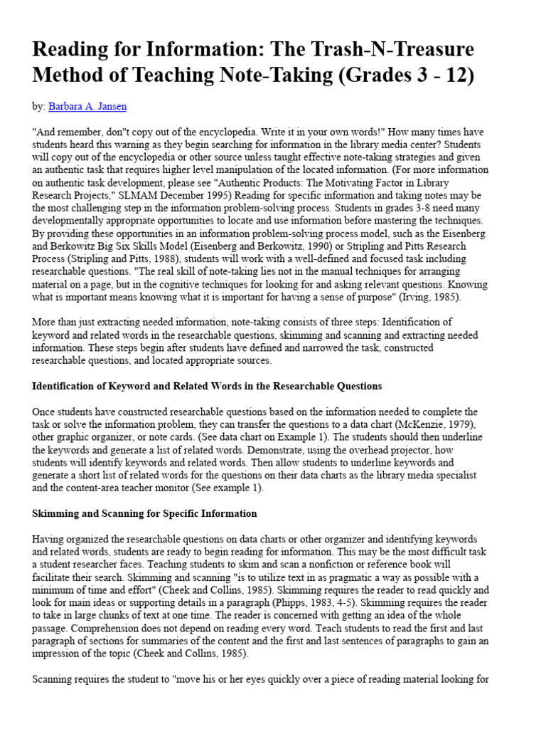 Jansen Readingforinformationttnotetakingjansen Pdf Speed Reading