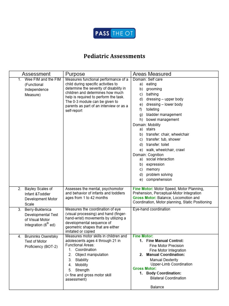Pediatric Assessment Tools Overview | PDF | Perception | Mental Processes