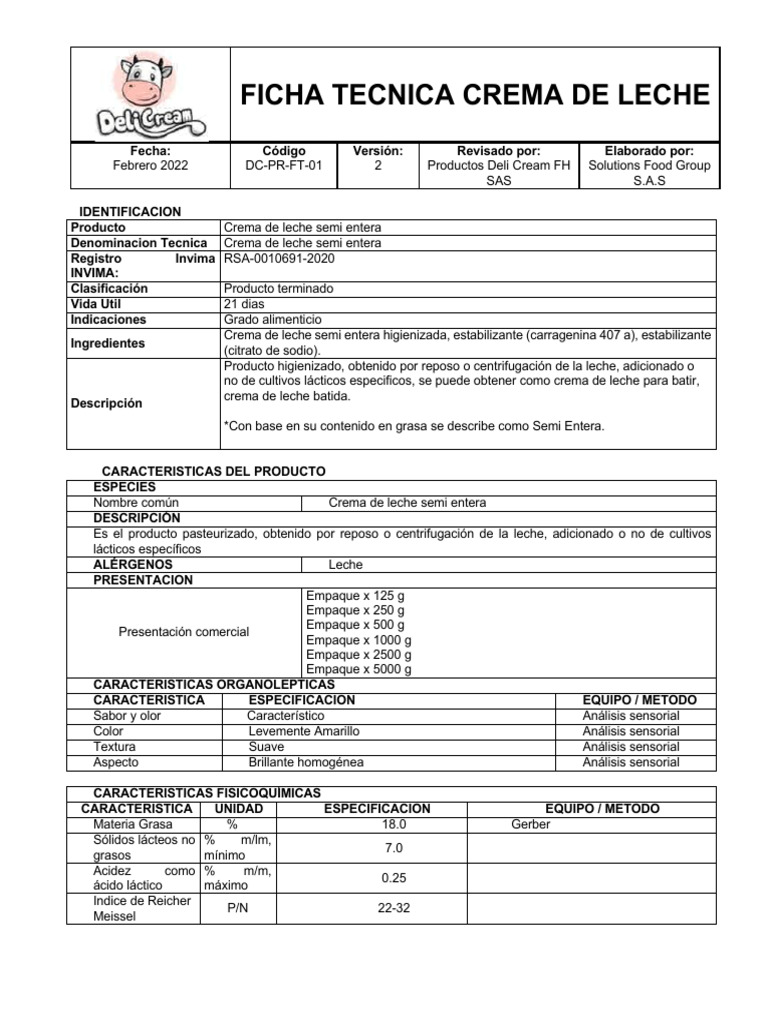 Ficha tecnica crema de leche PDF Leche Crema