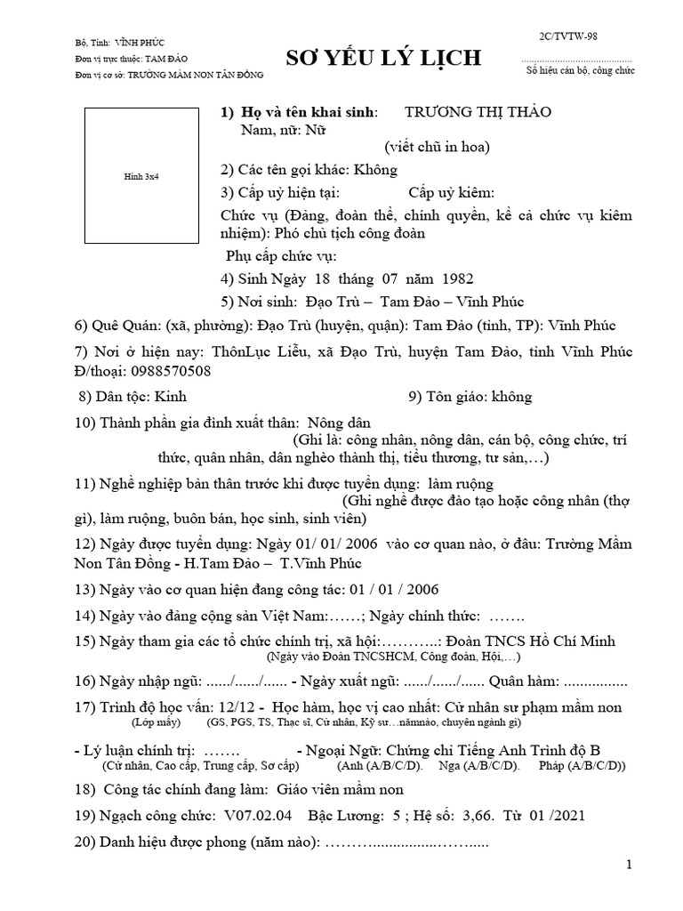 Mẫu 2C - TW - 98 | PDF