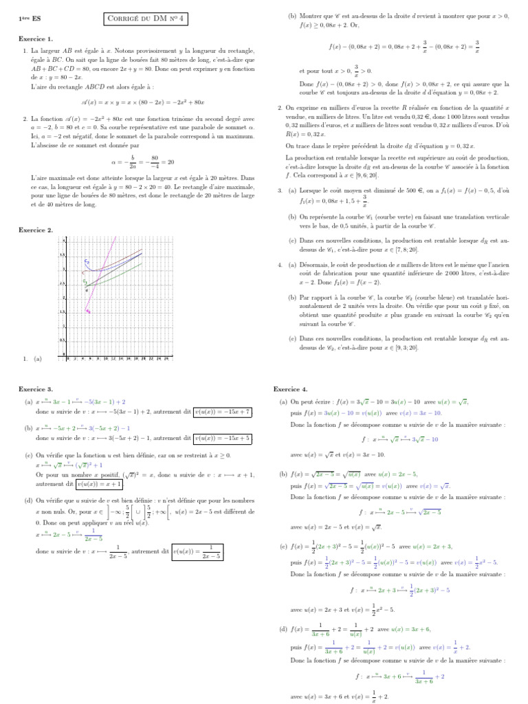 Corrigé DM 1ère ES : Mathématiques et Fonctions | PDF | Mathématiques ...