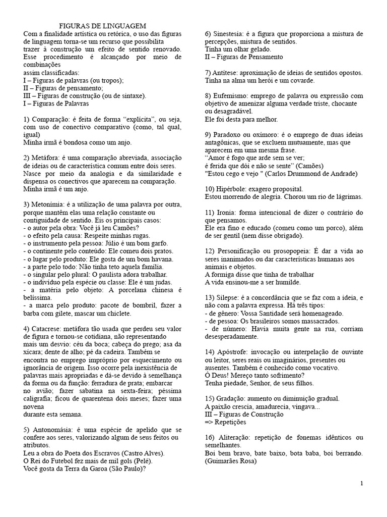 Figuras de Linguagem (Conteúdo e Exercícios) - Gabarito | Download ...