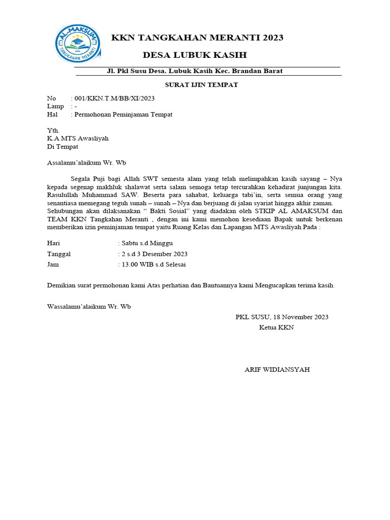 Contoh Surat Ijin Tempat | PDF