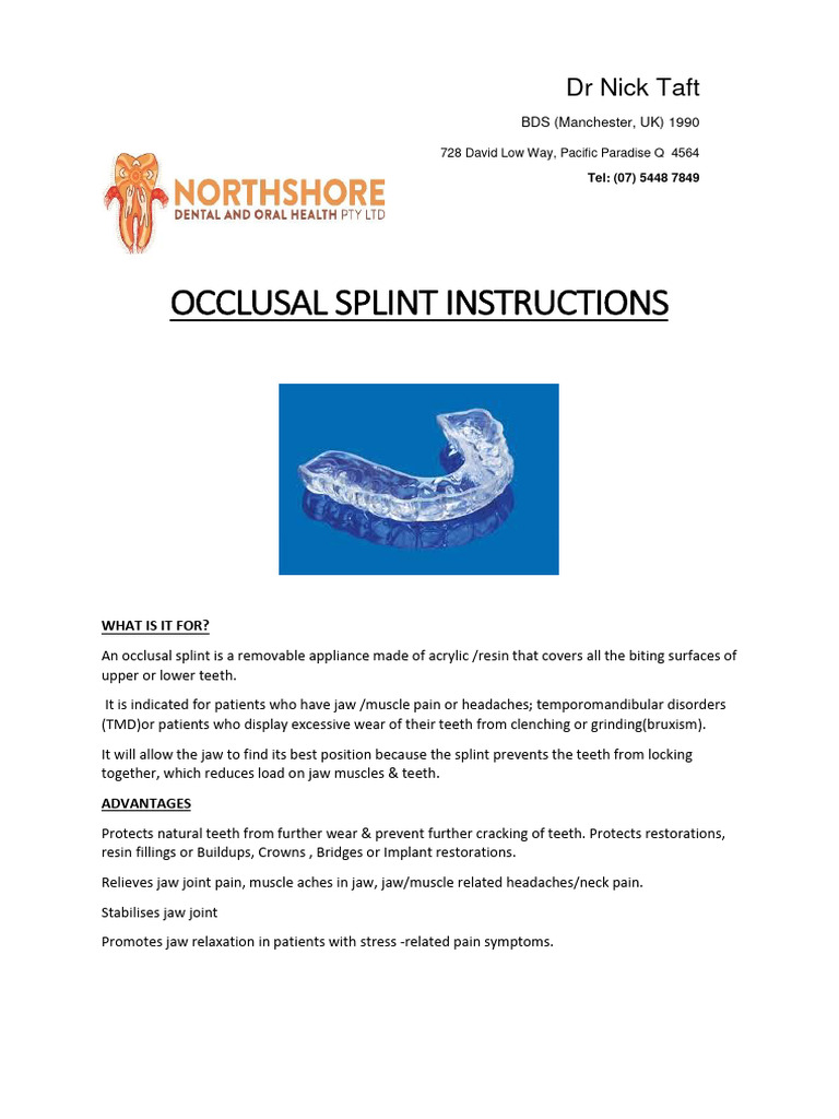 Occlusal Splint Instructions PDF Diseases And Disorders Medicine