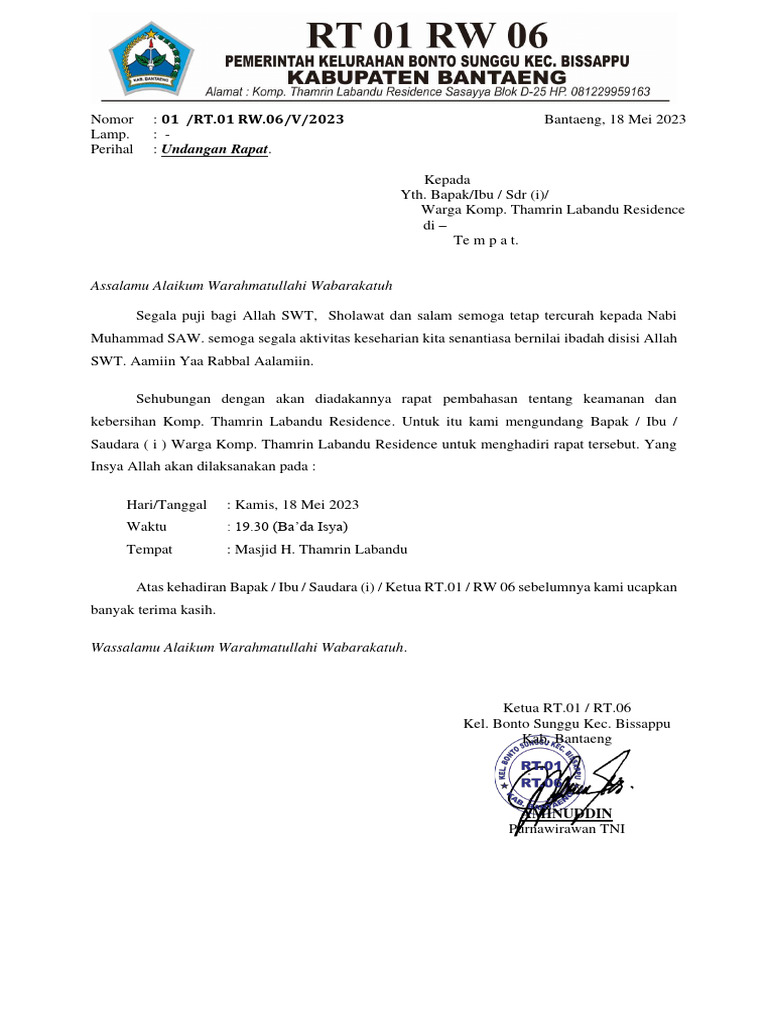 Contoh Undangan Rapat RT | PDF