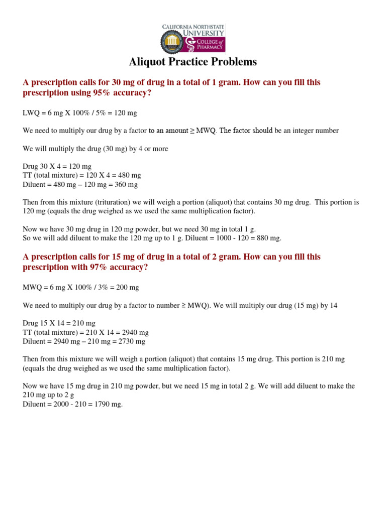 Aliquot Calculation Practice Problems | PDF | Cooking, Food & Wine ...