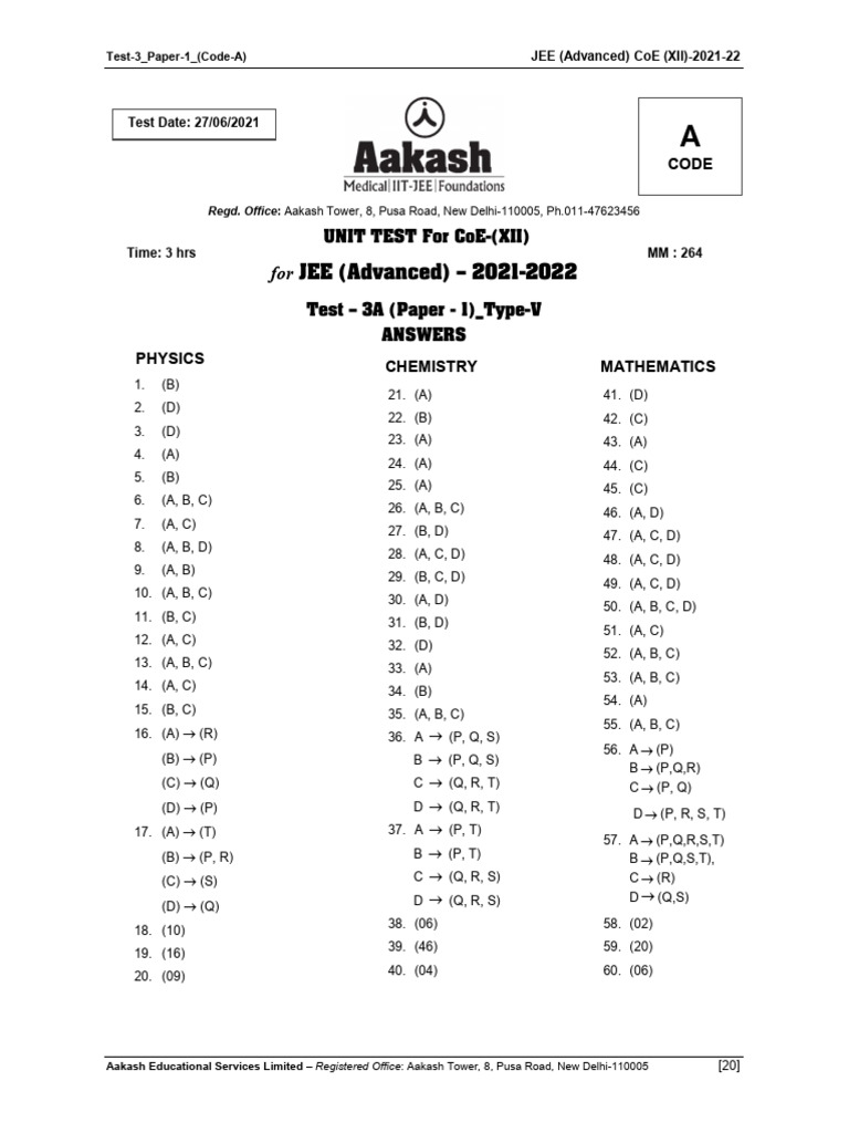 JEE Advanced Unit Test 3 Answers | PDF | Tests