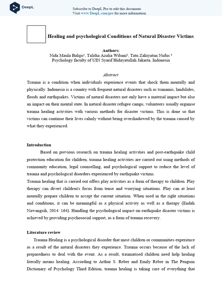 Trauma Healing And Psychological Conditions Of Natural Disaster Victims