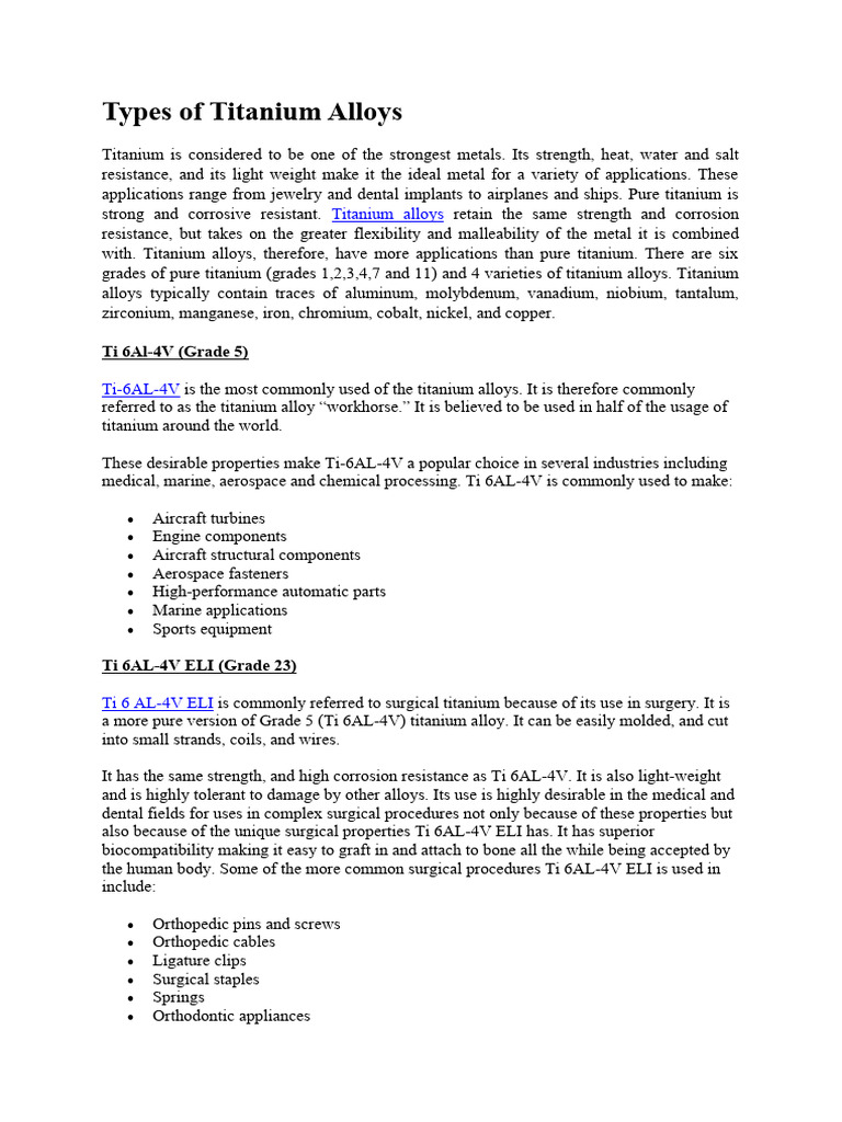 Types of Titanium Alloys PDF Titanium Metals
