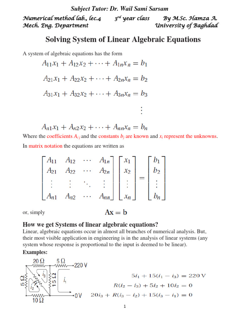 Topic 4 - Solving System of Linear Algebraic Equations | PDF | Computers