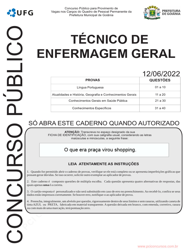 Concurso Prefeitura Goiânia: Técnico Enfermagem | PDF | Enfermagem