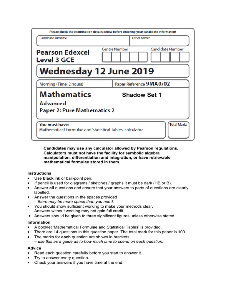 June 2019 Pure Shadow Paper 2 | PDF | Area | Equations