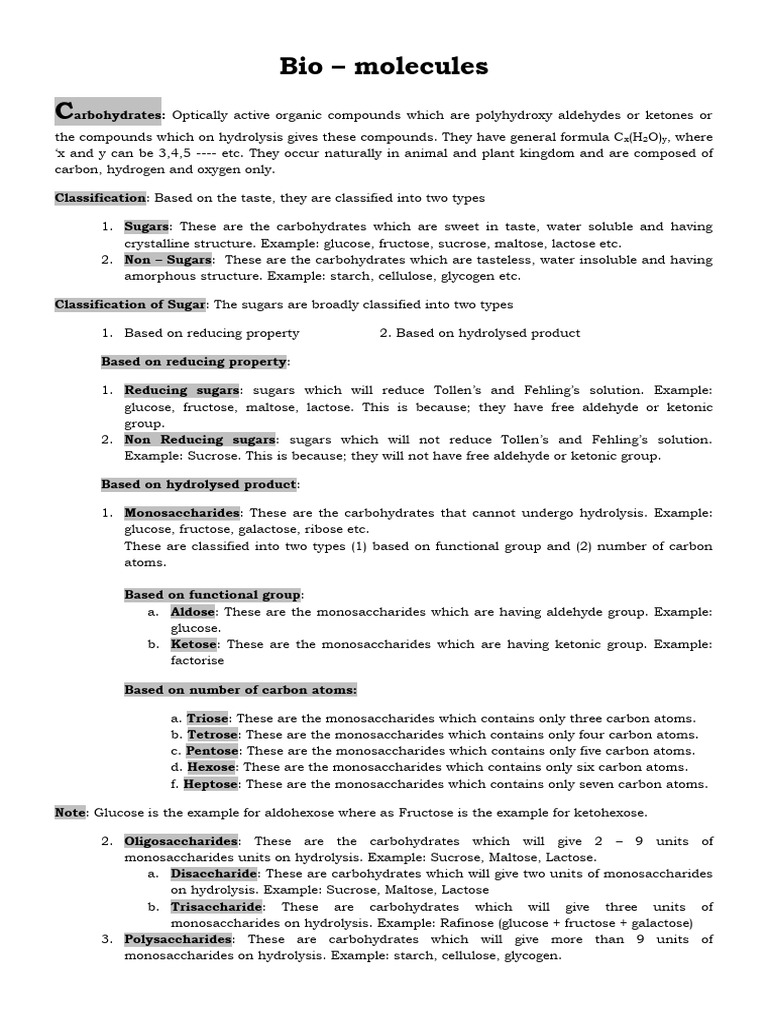 Bio Molecules | PDF | Carbohydrates | Glucose