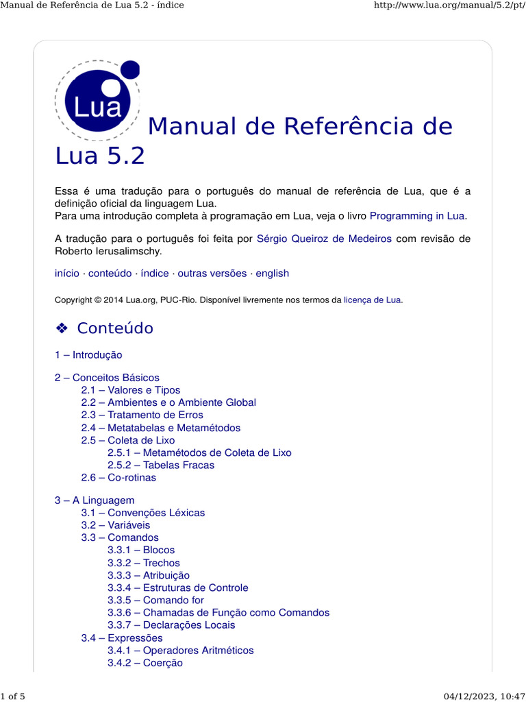 Manual de Referência de Lua 5.2 - Índice | PDF | Bibliotecas de ...