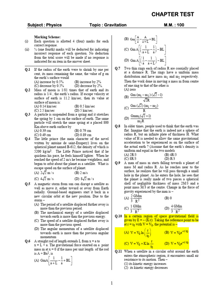 Physics Gravitation Chapter Test Questions | PDF | Rotation Around A ...