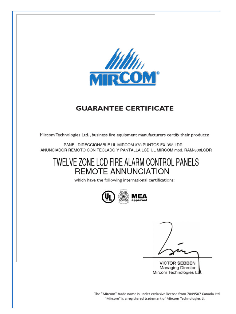 Certificado FX-353 Mircom - Proveedor | PDF