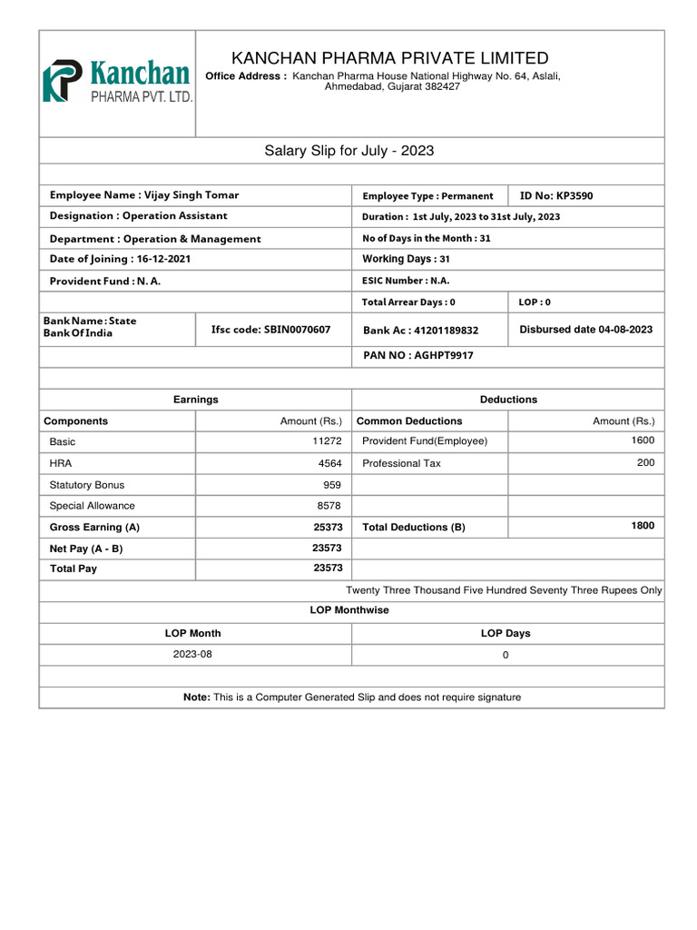 Kanchan Pharma Private Limited: Salary Slip For July - 2023 | PDF ...