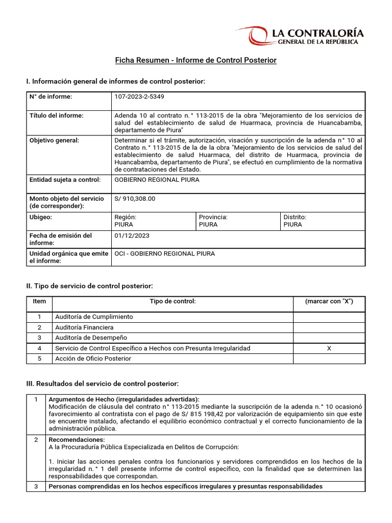 Ficha Resumen - Informe de Control Posterior | PDF | Gobierno