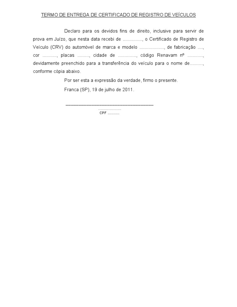 Recibo - Termo de Entrega de Documento de Carro