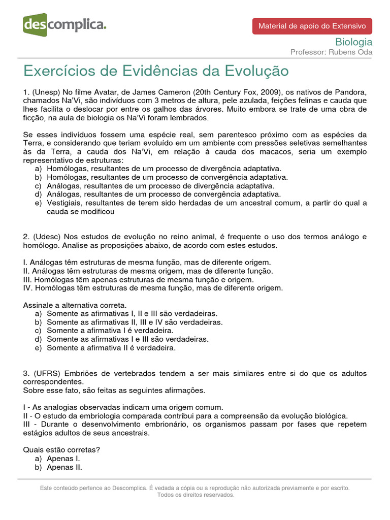 Materialdeapoioextensivo Biologia Exercicios Evidencias Da Evolucao ...