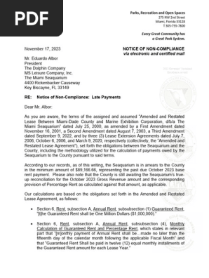 Notice of Non-Compliance - Miami Seaquarium (Rev 111723pip)