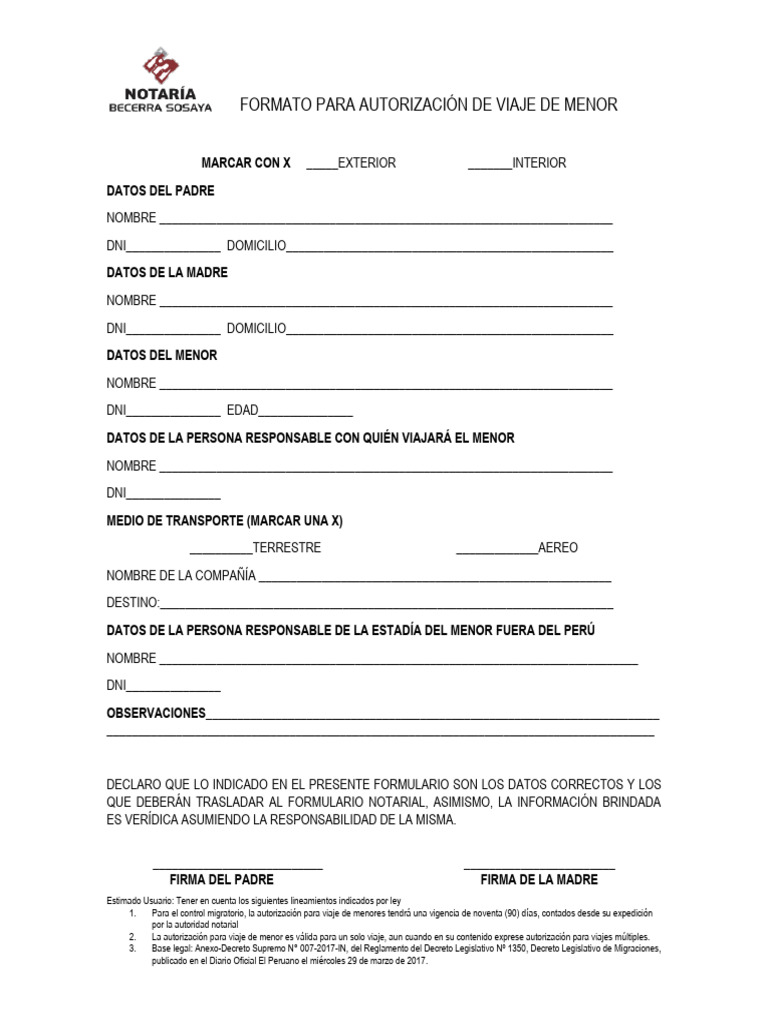 Formato De Autorizacion De Viaje Menor Pdf
