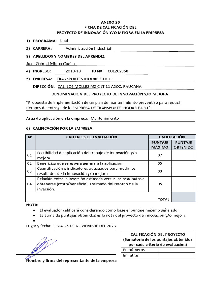 Anexo 20 Ficha de Calificación Del Proyecto de Innovación Mejora en La ...
