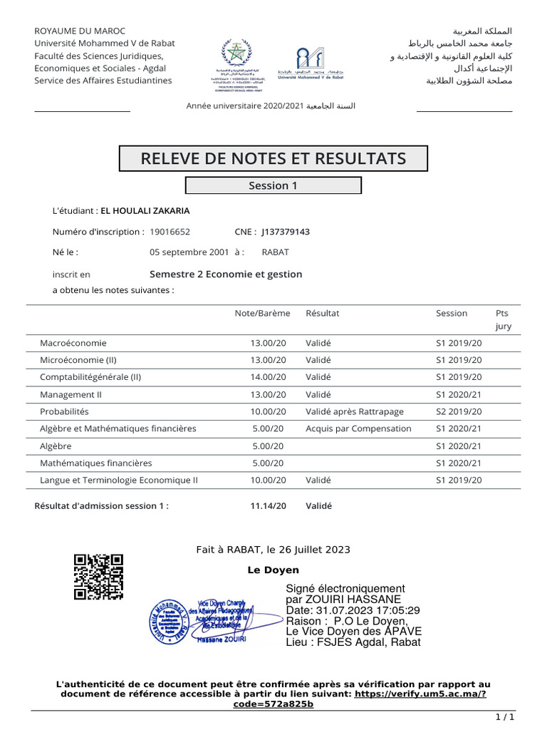 Releve de Notes Et Resultats: Session 1 | PDF