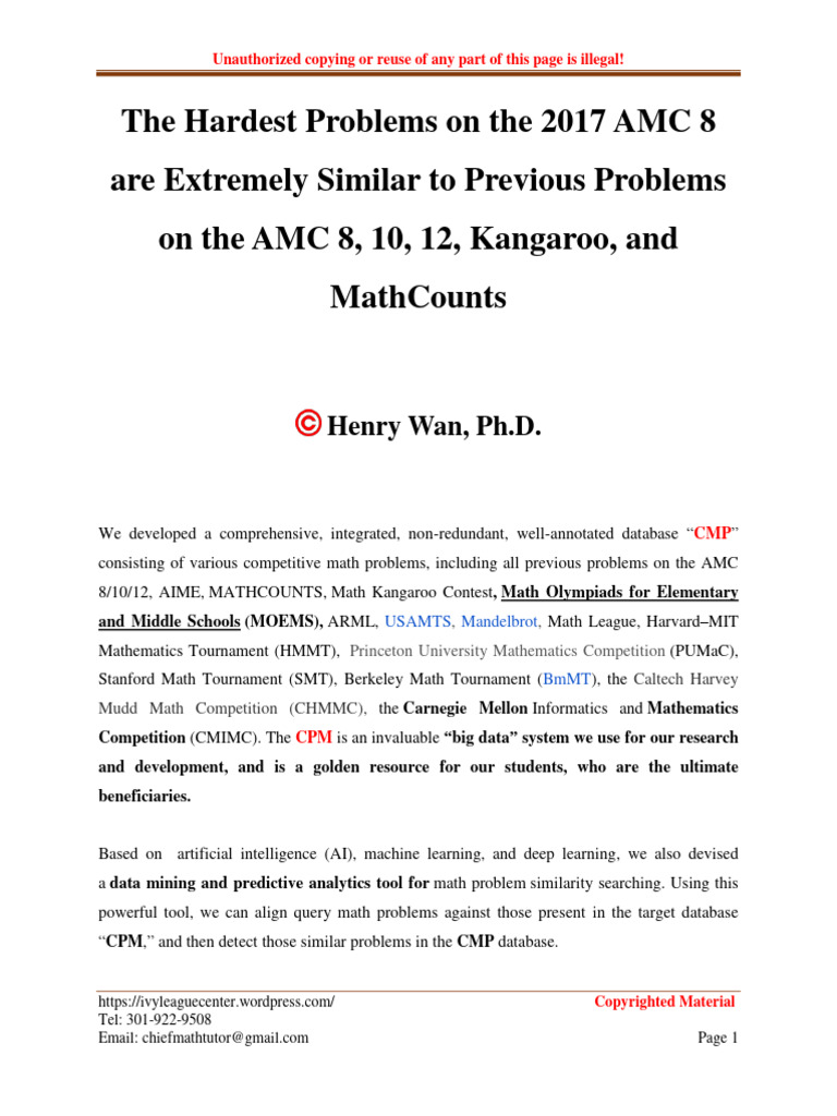 DR Henry Wan Hardest Problems On 2017 Amc 8 Similar To Previous Problems On Amc 8 10 12 and