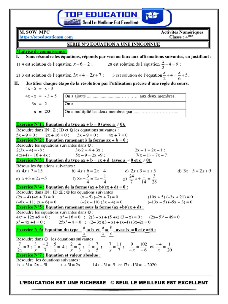 Exercices d'équations à une inconnue | PDF | Concepts mathématiques ...