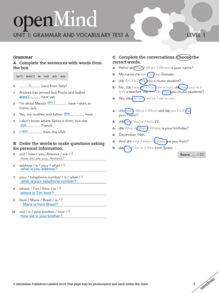 Grammar - and - Vocabulary - Test - A Unit 1 Resuelto | PDF | Language ...