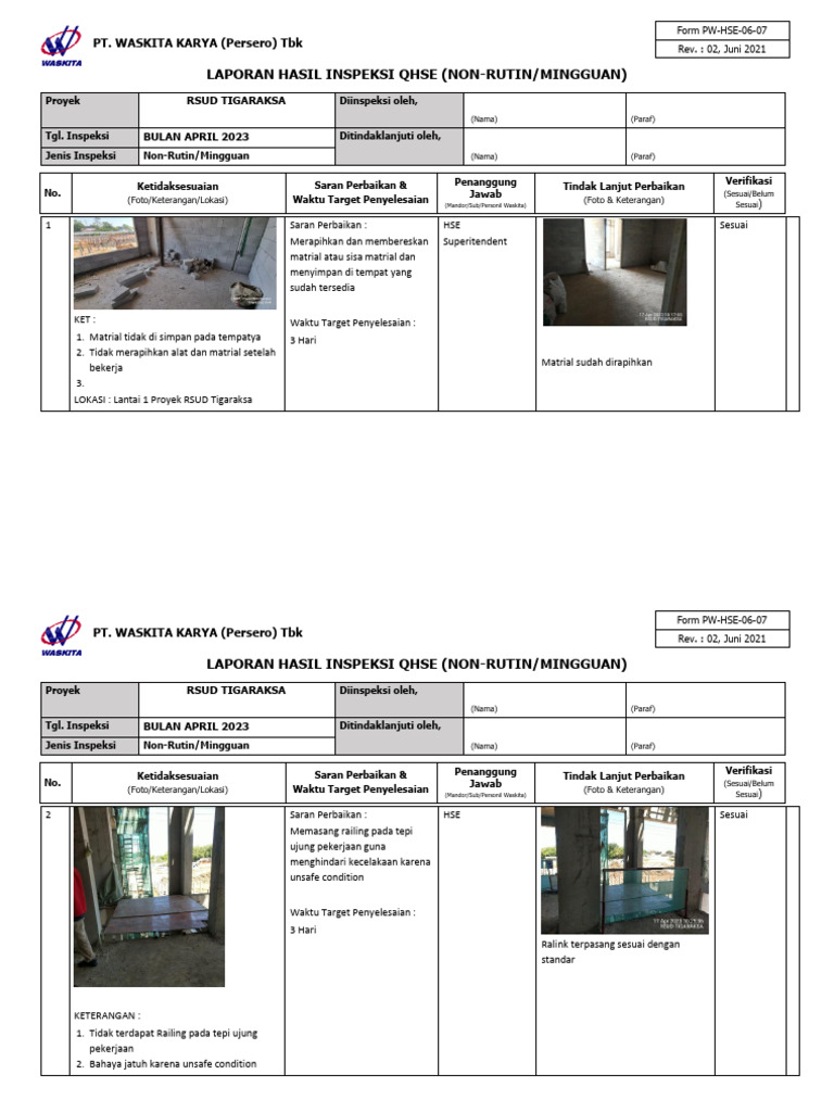 Pelaksanaan Inspeksi Mingguan Pdf
